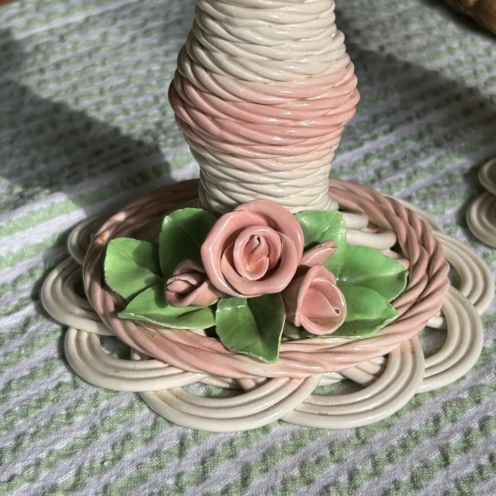 Whimsical Candlesticks Pair of 2 Rose Adorned Cream Pink 1991 Belleek Bev Sparks